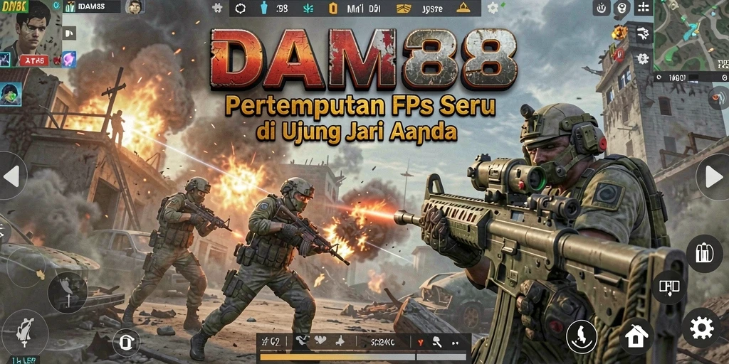 Screenshot utama DAM88 menunjukkan aksi intense dalam gameplay FPS.