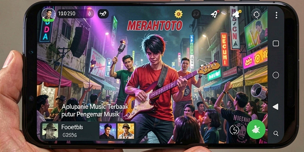 Screenshot MERAHTOTO menampilkan antarmuka pemutar musik yang menarik.
