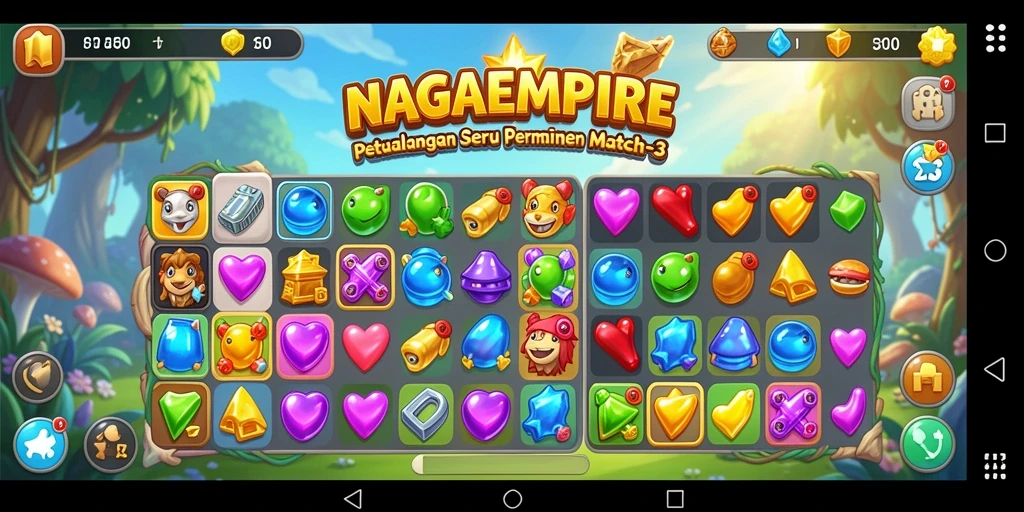Screenshot gameplay NAGAEMPIRE yang menunjukkan aksi seru Match-3.
