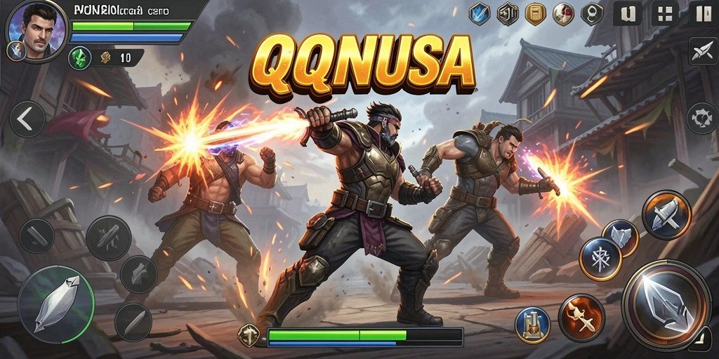 Screenshot utama QQNUSA menampilkan aksi pertarungan penuh ketegangan.