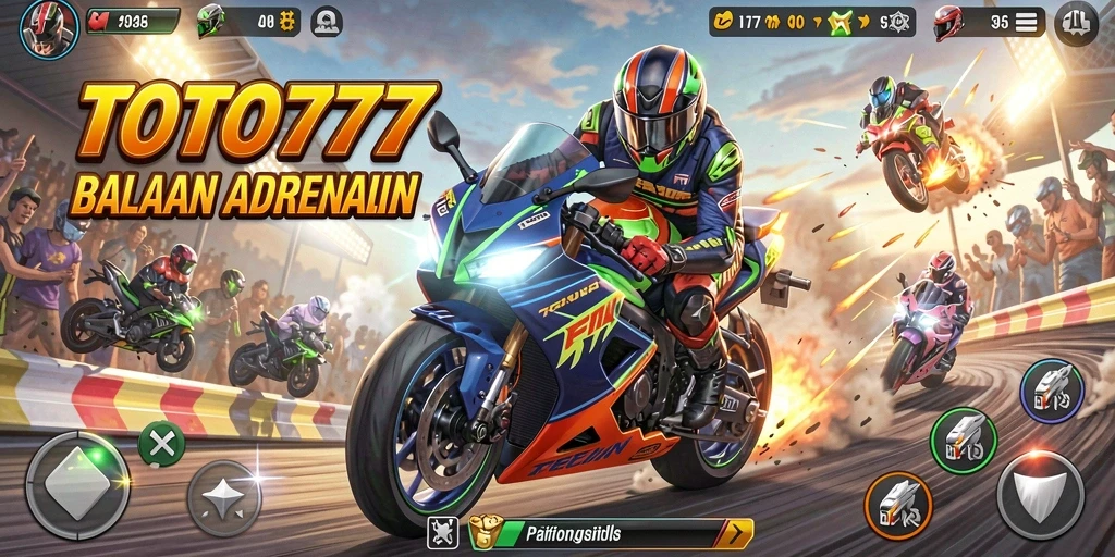 Tangkapan layar gameplay TOTO777 menampilkan adrenalin balapan motor.